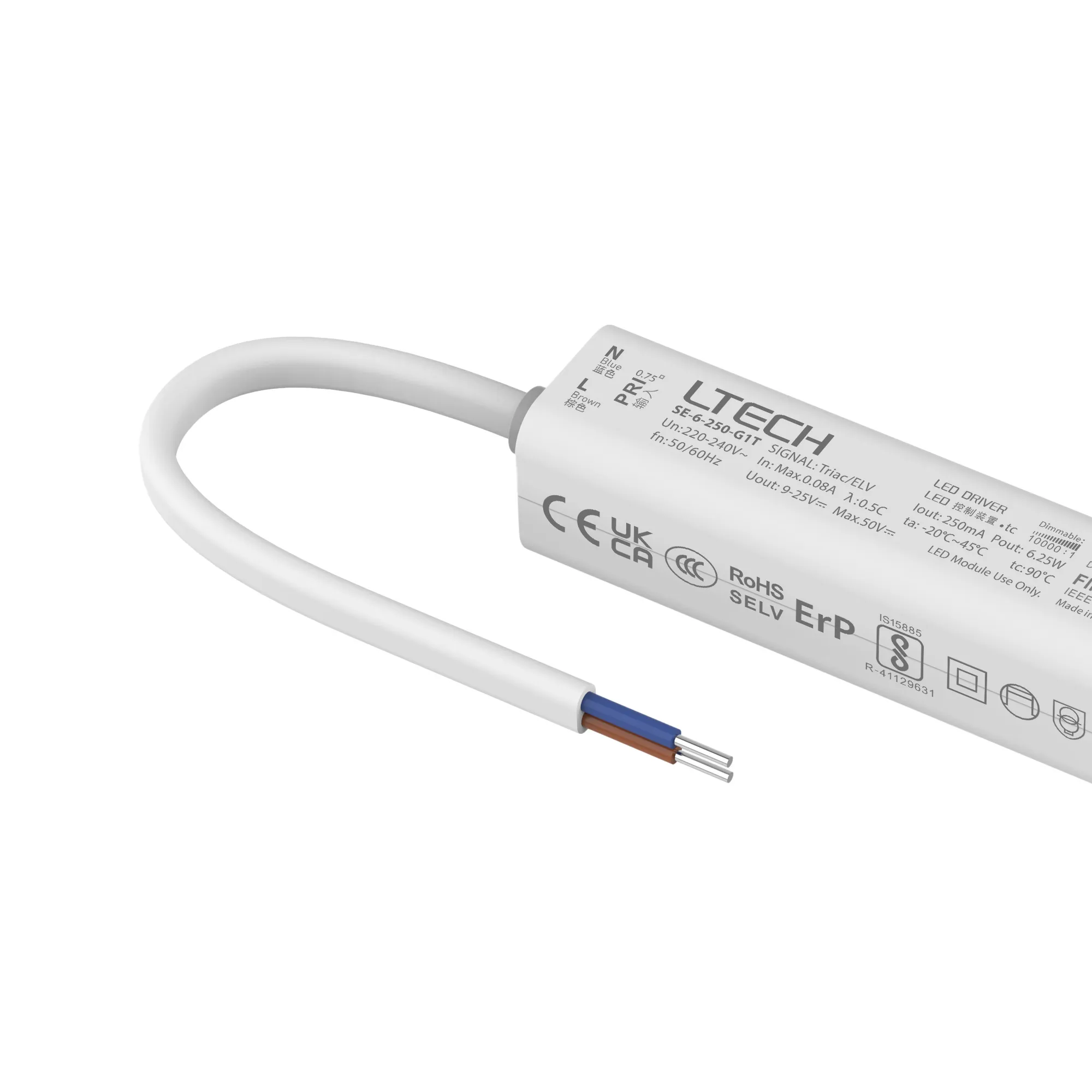 Triac/ELV, PWM,6W, C. Current Dimmable Driver, 250mA, DC:9-42Vdc, EFF>70%, IP20. SE-6-250-G1T  LTECH Triac Constant Current